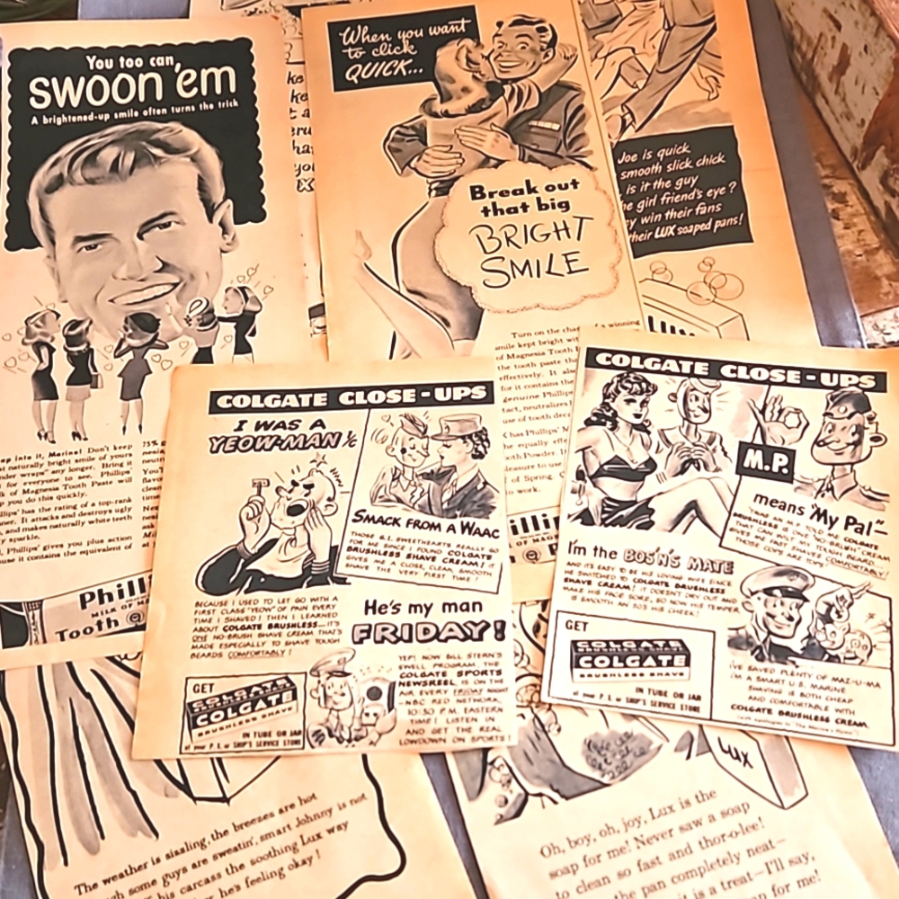 Lot of 8 1940s beauty ads Military Lux, Colgate & Phillips ephemera vintage